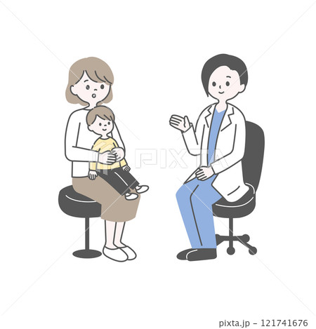 椅子に座る親子と医者 121741676
