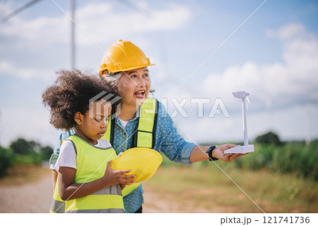 woman and a child are standing in a field 121741736