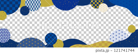 和柄パターンのサークルとウェーブの和風バナー背景/横長・紺 121741744