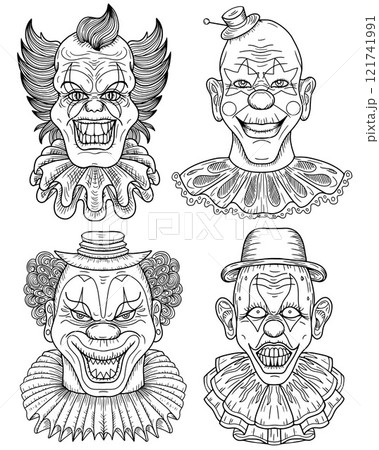 Hand drawn design set of line art crazy clowns with scary painted faces, red lips, funny hair for mascot, t-shirt, stickers, clipart isolated on white. Vector cartoon illustration Hand drawn design set of line art crazy clowns with scary painted faces, red lips, funny hair for mascot, t-shirt, stickers, clipart isolated on white. Vector cartoon illustration 121741991