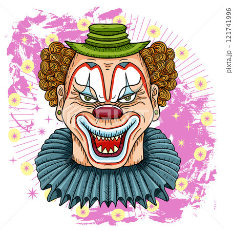 Hand drawn vector illustration with smiling cartoon crazy clown with painted face, red lips and funny green hat for mascot, t-shirt, sticker, clipart against textured background. Hand drawn vector illustration with smiling cartoon crazy clown with painted face, red lips and funny green hat for mascot, t-shirt, sticker, clipart against textured background. 121741996