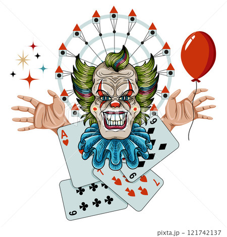 Design vector cartoon illustration with symbols of circus, carousel, crazy, scary clown, hands, poker cards and red balloon  for mascot, t-shirt, stickers, clipart isolated on white.  121742137