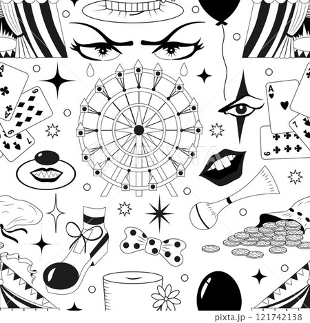 Seamless line art pattern with vector circus symbols and items with magic eyes, clown mask, carousel, carnival tents, balloon isolated on white background Seamless line art pattern with vector circus symbols and items with magic eyes, clown mask, carousel, carnival tents, balloon isolated on white background 121742138