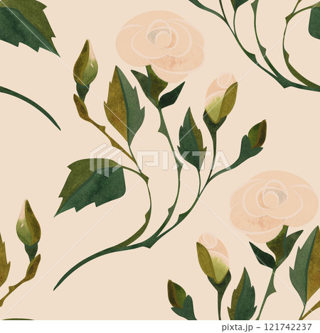 Seamless pattern of white roses. Floral pattern for textiles, women's dress and blouse, wrapping paper, packaging, boxes in feminine and romantic style. Watercolor hand drawn in vintage style. 121742237
