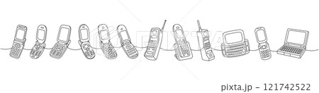 Old phones one line continuous drawing. Flip mobile phones, retro phone, smart phone with keypad. Vector linear illustration. 121742522