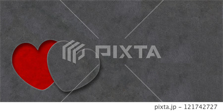 Valentine's day horizontal banner with heart in paper cut style. Mother's day background with cut out heart shape to express love, gratitude. Cutout paper hearts on paper backdrop. Copy space for text Valentine's day horizontal banner with heart in paper cut style. Mother's day background with cut out heart shape to express love, gratitude. Cutout paper hearts on paper backdrop. Copy space for text 121742727