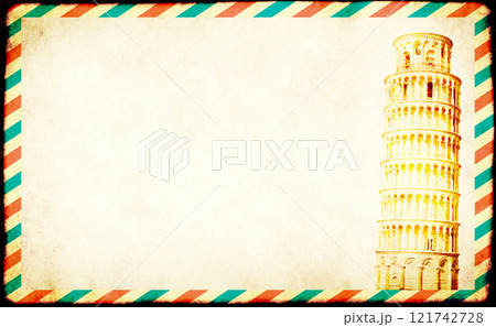Retro Mail frame postcard with blue and red stripes. Blank letter paper envelope with Leaning Tower of Pisa. Mockup template envelope. Vintage background with paper texture and blank message Retro Mail frame postcard with blue and red stripes. Blank letter paper envelope with Leaning Tower of Pisa. Mockup template envelope. Vintage background with paper texture and blank message 121742728