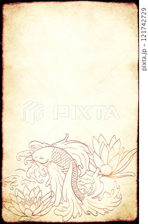 Background with koi fish and lotus flower on grunge texture of retro paper. Vertical retro banner with oriental style etching with japanese carp and water lily. Copy space for text Background with koi fish and lotus flower on grunge texture of retro paper. Vertical retro banner with oriental style etching with japanese carp and water lily. Copy space for text 121742729