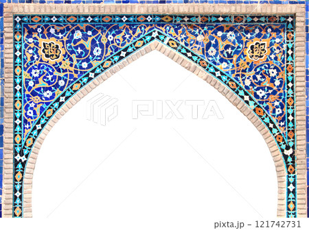 Detail of ancient mosaic arch with floral and geometric ornament. Traditional tile decoration on wall. Detail of arch with tile decor. Isolated on white background Detail of ancient mosaic arch with floral and geometric ornament. Traditional tile decoration on wall. Detail of arch with tile decor. Isolated on white background 121742731