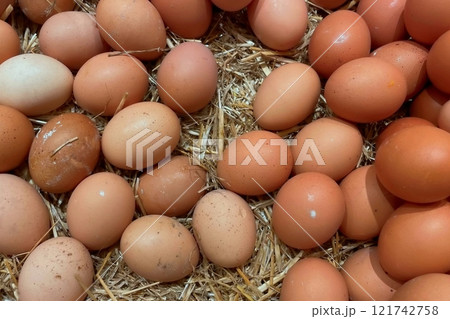 Fresh Brown Chicken Eggs on Straw Bedding.A close-up image of fresh brown chicken eggs resting on a bed of straw. The eggs are clean and smooth, showcasing their natural texture and color.  121742758