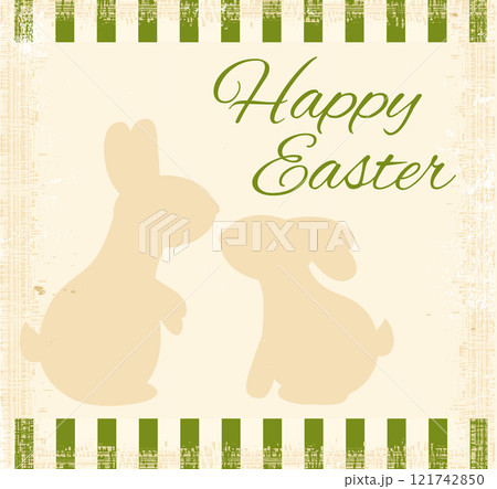 Square Happy Easter card in retro style with silhouette of two cute rabbits. Vintage Easter background with bunny in cozy shabby chic style. Vector illustration EPS8 Square Happy Easter card in retro style with silhouette of two cute rabbits. Vintage Easter background with bunny in cozy shabby chic style. Vector illustration EPS8 121742850