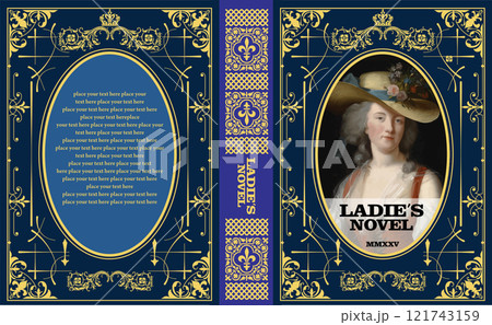 Book cover design featuring a portrait of a woman wearing a large hat, using vintage decorative elements 121743159