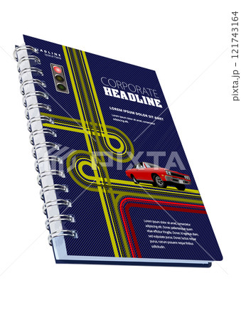 Blue notebook with abstract design featuring a red car driving on the page 121743164
