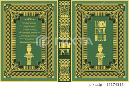 Ornate book cover design featuring floral ornaments, a greek column, and a vase, creating a sophisticated and classic aesthetic Ornate book cover design featuring floral ornaments, a greek column, and a vase, creating a sophisticated and classic aesthetic 121743184