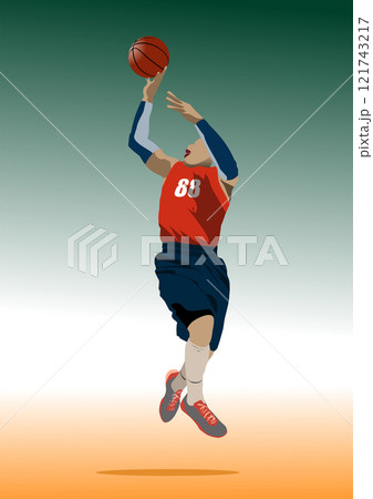 Basketball player jumping through the air, preparing to shoot a basket Basketball player jumping through the air, preparing to shoot a basket 121743217