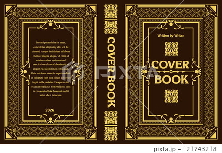 This sophisticated book cover design features ornate gold frames on a black background, perfect for adding a touch of elegance to any publication This sophisticated book cover design features ornate gold frames on a black background, perfect for adding a touch of elegance to any publication 121743218
