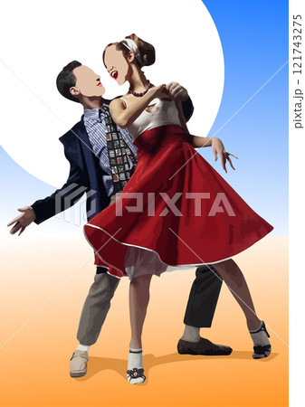 Young couple dressed in 1950s fashion is dancing rock and roll 121743275