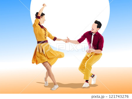 Young couple wearing colorful 1940s clothes, dancing rock and roll or lindy hop on a gradient background, vector illustration 121743276