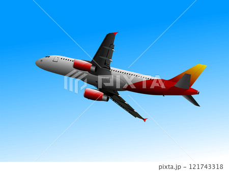 Modern passenger jet plane is climbing into a bright blue sky 121743318