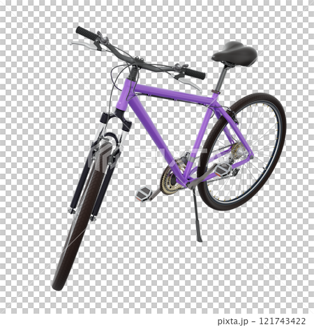 Purple bicycle standing while leaning on kickstand, side front view. Bike resting on kick stand. Png clipart isolated on transparent background 121743422