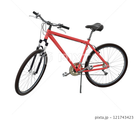 Red bicycle standing while leaning on kickstand, side view. Bike resting on kick stand. Png clipart isolated on transparent background 121743423