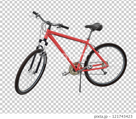 Red bicycle standing while leaning on kickstand, side view. Bike resting on kick stand. Png clipart isolated on transparent background 121743423