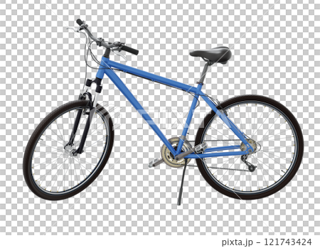 Blue bicycle standing while leaning on kickstand, side view. Bike resting on kick stand. Png clipart isolated on transparent background 121743424