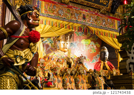 The main hall of the Great Mazu Temple in Tainan, Taiwan, enshrined statues of Mazu. the Mazu is a deified form of the medieval Fujianese shamaness Lin Moniang. 121743438