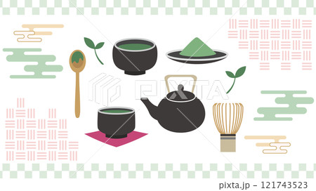 おしゃれな抹茶のイラスト素材セット おしゃれな抹茶のイラスト素材セット 121743523