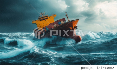 Cargo ship battling fierce waves in a stormy sea under dramatic skies, symbolizing danger and resilience. 121743662
