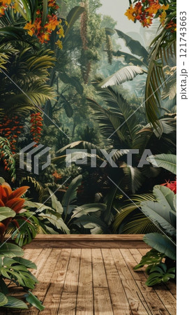 A wooden platform amidst a verdant tropical paradise, surrounded by an abundance of vibrant, flourishing plants and trees 121743663