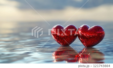 Two glittering red hearts resting on a calm water surface, symbolizing love, romance, and connection 121743664