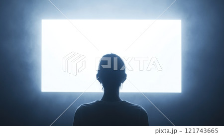 Silhouette of a person staring at a glowing screen in a dark, foggy room, symbolizing technology, solitude, and digital immersion 121743665