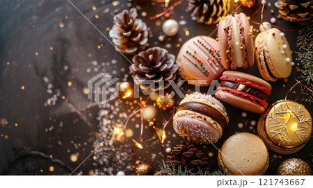 Festive macarons with holiday decorations, pinecones, lights, and sparkles on a dark background, capturing a cozy Christmas mood 121743667