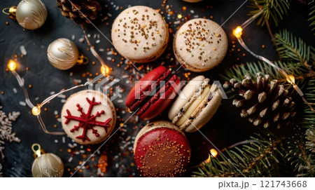 Festive macarons with holiday decorations, pinecones, lights, and sparkles on a dark background, capturing a cozy Christmas mood 121743668