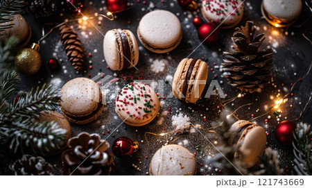 Festive macarons with holiday decorations, pinecones, lights, and sparkles on a dark background, capturing a cozy Christmas mood 121743669