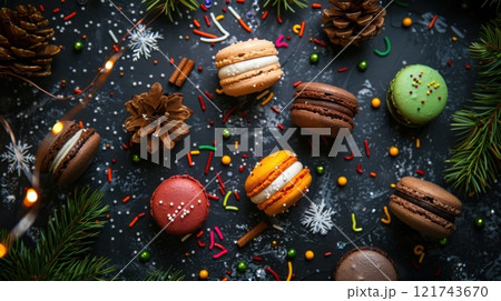 Festive macarons with holiday decorations, pinecones, lights, and sparkles on a dark background, capturing a cozy Christmas mood 121743670