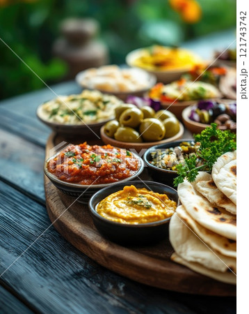 Ramadan feast arrangement with pita bread and olives for festive decoration Ramadan feast arrangement with pita bread and olives for festive decoration 121743742