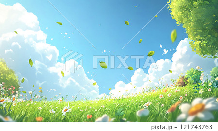 春の草原 青空と花が広がる明るい春の草原のイラスト素材 [121743763] - PIXTA