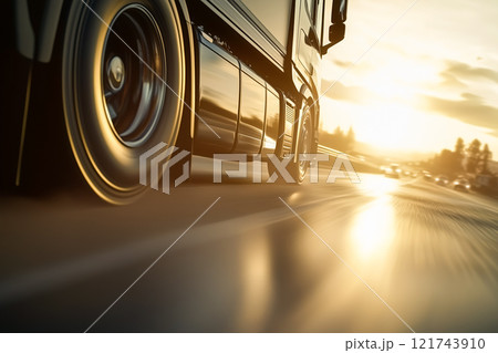 トラックのタイヤが回転する高速道路のシーン 121743910