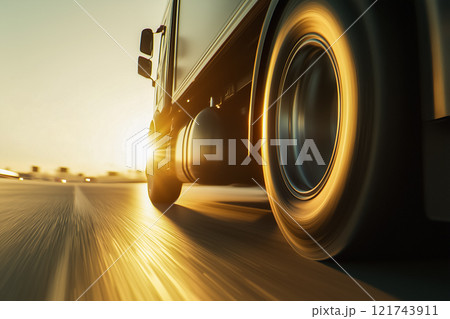 トラックのタイヤが回転する高速道路のシーン 121743911