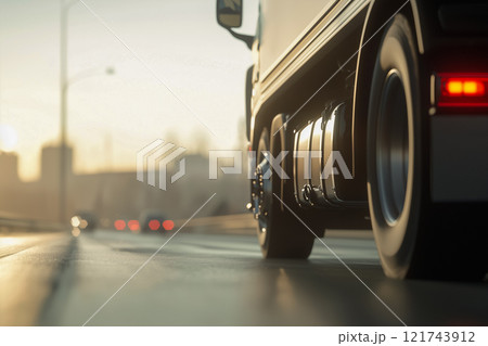 トラックのタイヤが回転する高速道路のシーン 121743912
