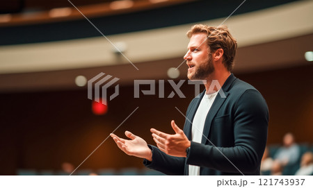 聴衆に向かって熱心に演説する講演者 121743937