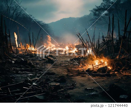 戦国時代の瓦礫が燃える合戦場 ai生成画像 戦国時代の瓦礫が燃える合戦場 ai生成画像 121744440