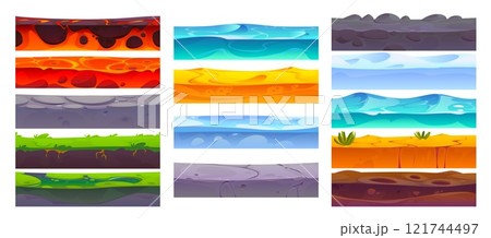 Seamless soil ground layers, level surface game asset, vector UI. Cartoon soil dirt, grass land, rock and sand ground layer textures. Water, stone, lava, snow, ice and swamp underground cross sections 121744497