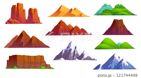 Cartoon mountains and hills, snow peaks and rocks, sand dunes and volcano isolated icons. Vector nature landscapes with stone cliffs, ice ranges, desert canyon and green valley, cartoon mountains set Cartoon mountains and hills, snow peaks and rocks, sand dunes and volcano isolated icons. Vector nature landscapes with stone cliffs, ice ranges, desert canyon and green valley, cartoon mountains set 121744499