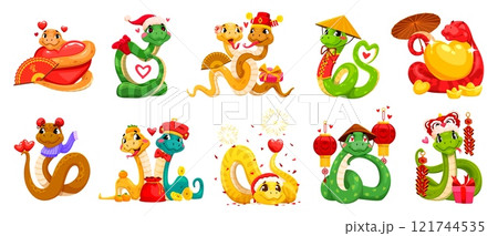 Funny cartoon snakes with love hearts, valentine day and Chinese lunar new year characters celebrating festive events and Cny holiday with traditional decorations, embodying joy and celebration 121744535