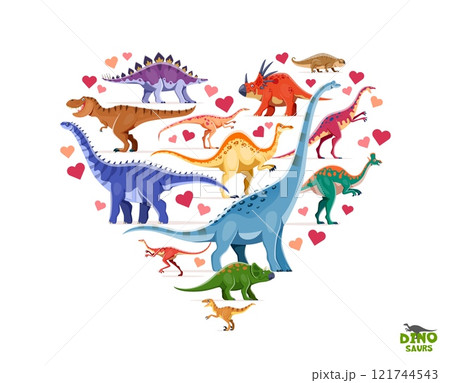 Heart shape, i love dinosaurs banner. Extinct reptile vector personages banner with Jurassic era titanosauria, velociraptor, avaceratops and alvarezsaurus, lambeosaurus, hypselosaurus cute dinosaurs Heart shape, i love dinosaurs banner. Extinct reptile vector personages banner with Jurassic era titanosauria, velociraptor, avaceratops and alvarezsaurus, lambeosaurus, hypselosaurus cute dinosaurs 121744543