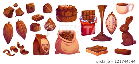 Cartoon chocolate and cocoa candies, bars and cake with cream, shavings and cubes, vector sweets and dessert food. Cocoa fruit and bean bag, melted chocolate, nut bonbon, spread toast and truffle 121744544