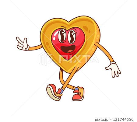 Cartoon heart-shaped cookie groovy character with jam center. Funny vector dessert, crumbly bakery personage in trendy hippie sneakers cheerfully walking. Vintage bake house product with smiling face Cartoon heart-shaped cookie groovy character with jam center. Funny vector dessert, crumbly bakery personage in trendy hippie sneakers cheerfully walking. Vintage bake house product with smiling face 121744550